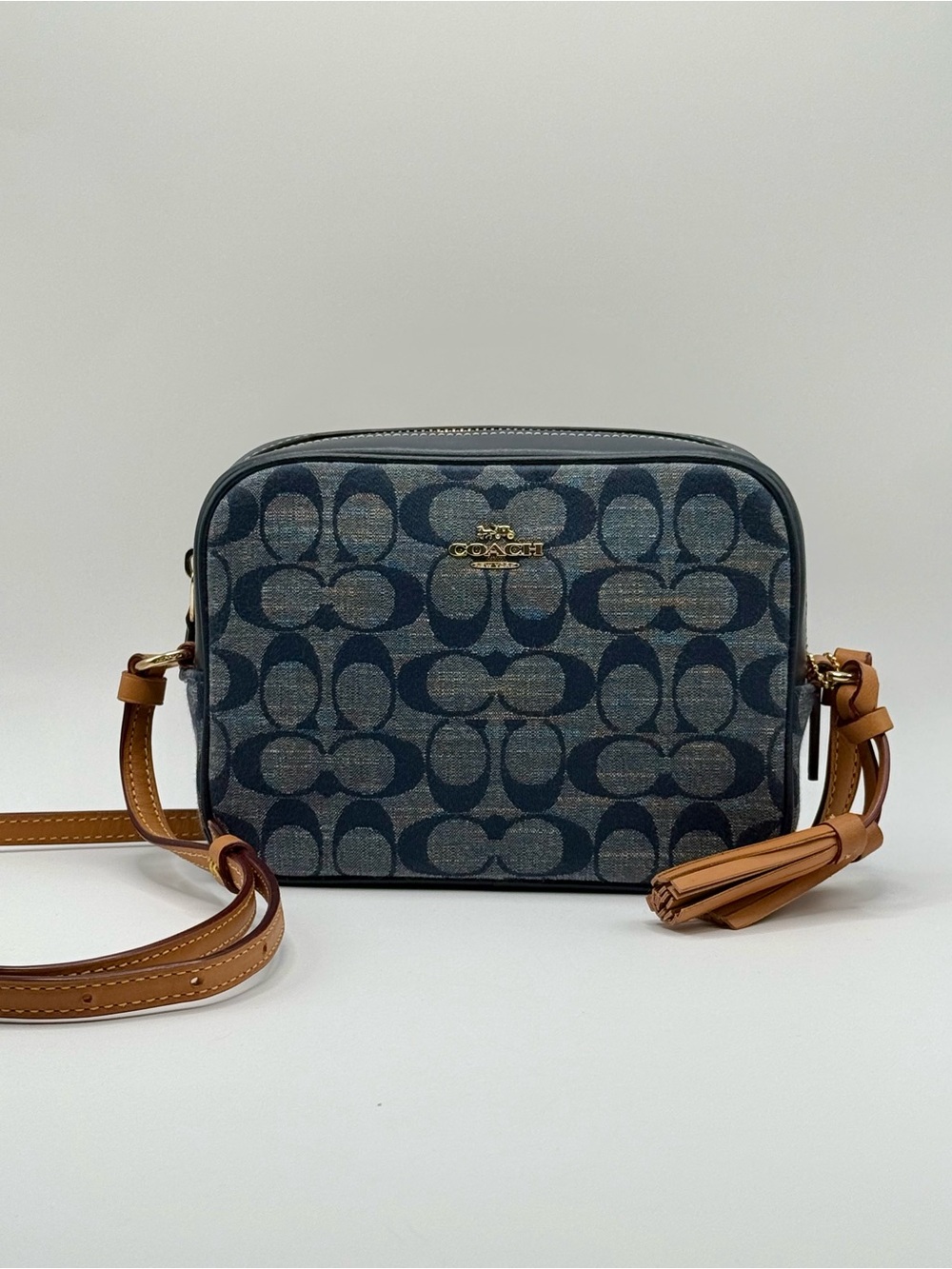 Coach Signature Camera Bag Denim Jacquard Canvas Leather Crossbody Pre-Owned